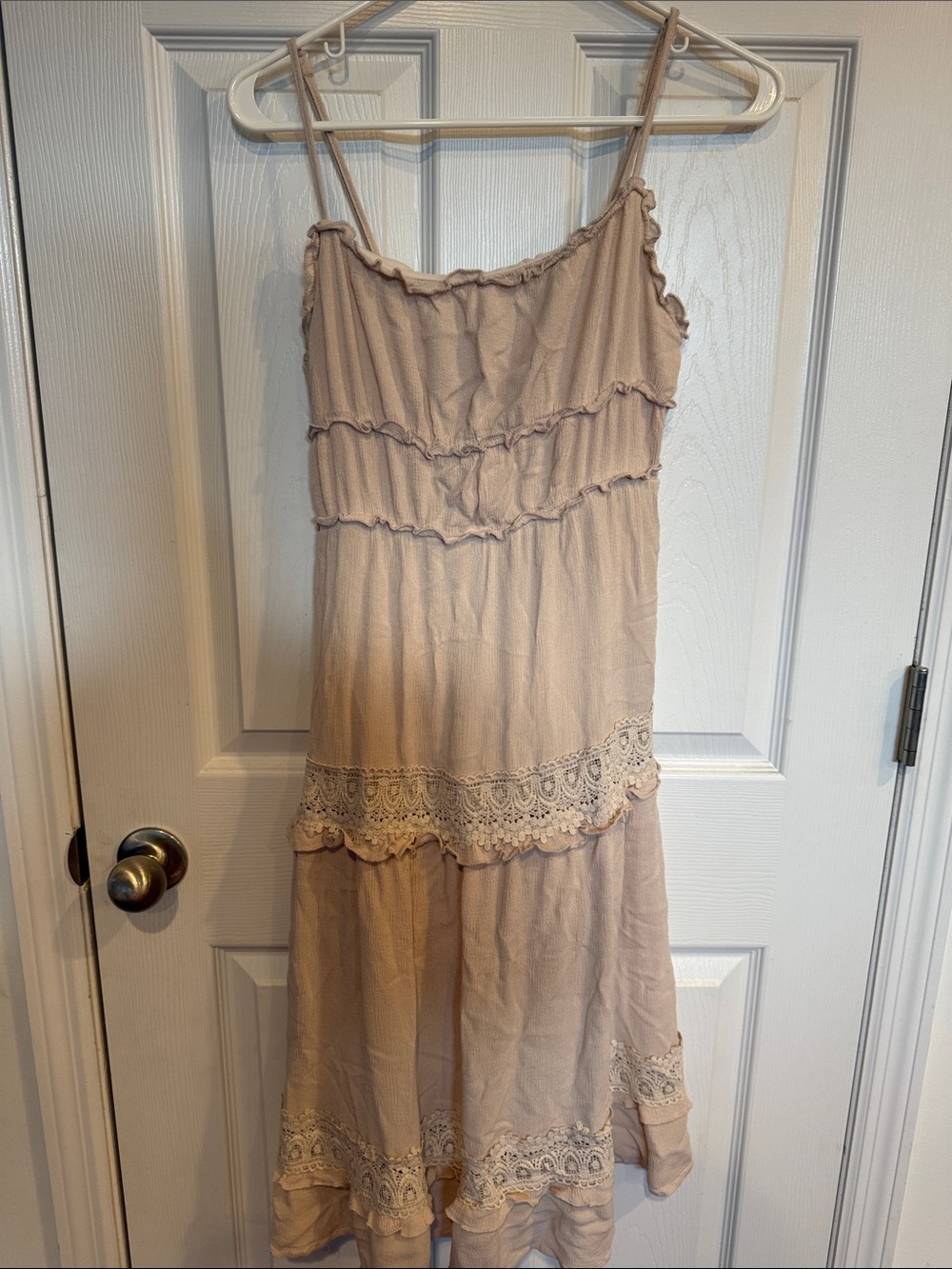 Simple Beige Lace-Trim Spaghetti Strap Dress
